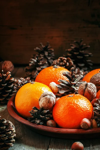 Clay plate with orange mandarins, fir cones, walnuts, hazelnuts and pistachios — Stok fotoğraf