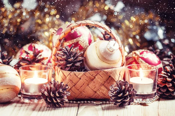 Christmas or New Year composition with wicker basket — Stock Photo, Image