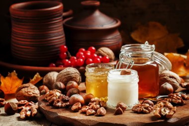 Three types of honey with walnuts and hazelnuts 