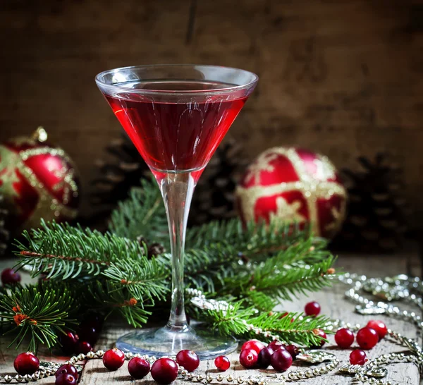 Red Christmas cocktail in a martini glass with fir branches — Stok fotoğraf