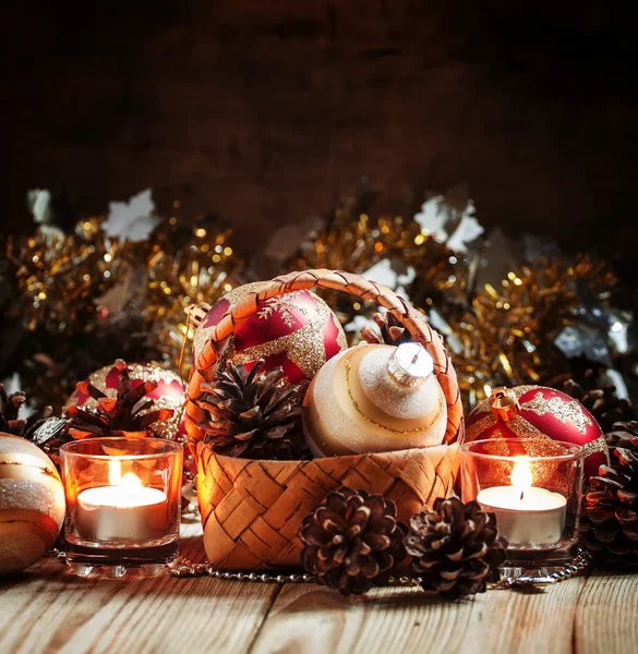 Christmas or New Year composition with wicker basket — Stok fotoğraf