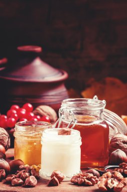 Three types of honey with walnuts and hazelnuts 