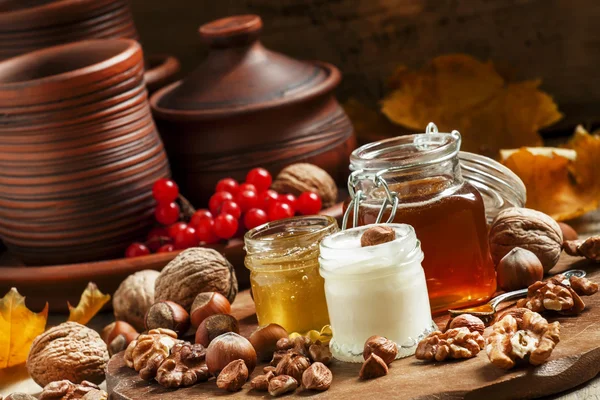 Three types of honey with walnuts and hazelnuts — 图库照片