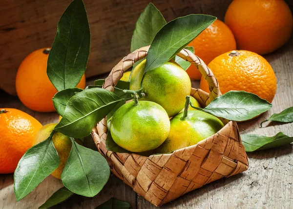 Vers mandarijnen met bladeren in een rieten mand en sinaasappelen — Stockfoto