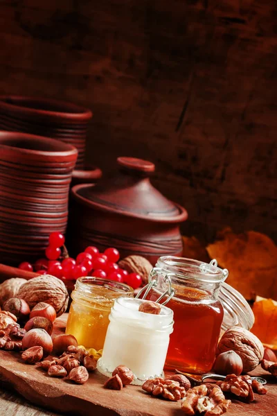 Three types of honey with walnuts and hazelnuts — 图库照片