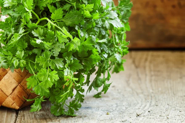 Bunch of green flat leaf Italian parsley in wicker basket — Stock Photo, Image