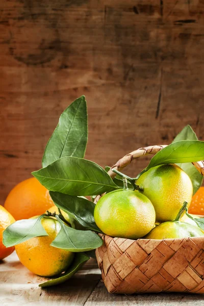Mandarines fraîches avec des feuilles dans un panier en osier et des oranges — Photo