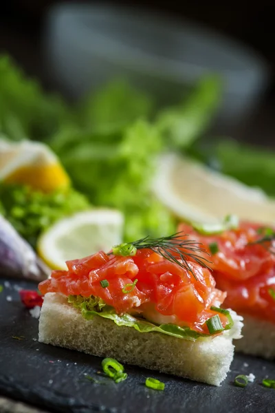 Small sandwiches with salty salmon,  soft cheese and green salad — Stock Photo, Image