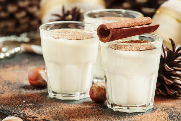 Eierlikör mit Milch, Zimt, geriebener Muskatnuss — Stockfoto