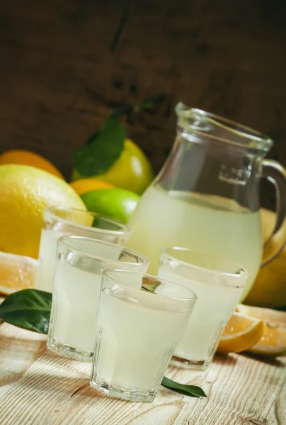 Домашний лимонный ликер и свежие лимоны и лаймы — стоковое фото