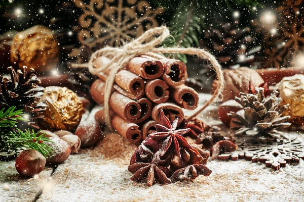 Christmas decoration with cinnamon, anice, pine cones and spruce branches — 图库照片