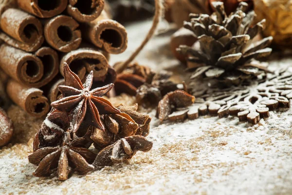 Decorazione natalizia con cannella, anice, pigne e rami di abete rosso — Foto Stock