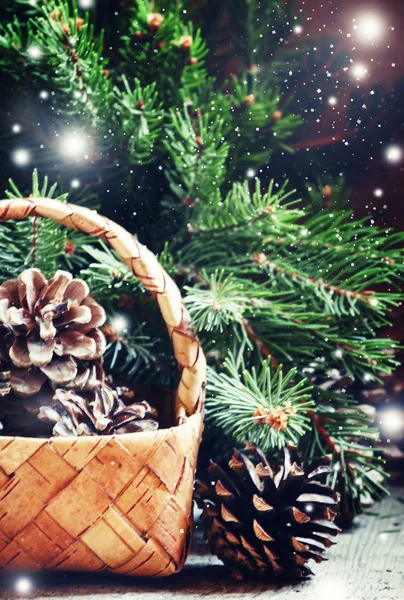 Christmas or New Year composition with wicker basket — Stok fotoğraf