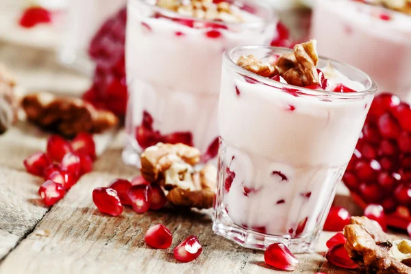 Homemade yogurt with walnuts and pomegranate seeds — Stock Photo, Image