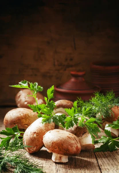 빈티지 나무 테이블에 갈색 버섯 — 스톡 사진
