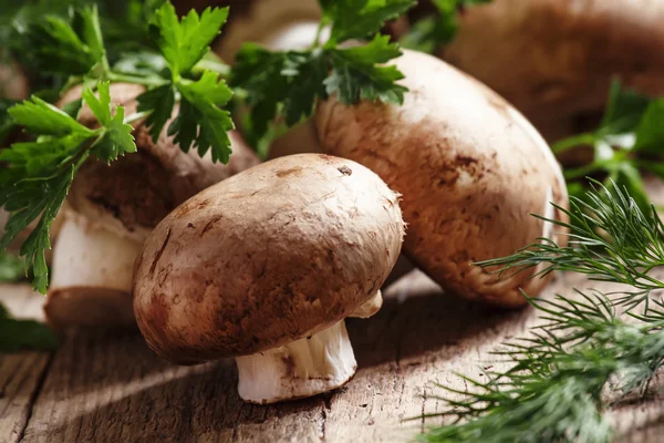 Brown mushrooms on a vintage wooden table — Stock Photo, Image