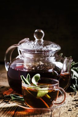 Taze adaçayı, cam bardak ve çaydanlık ile siyah çay