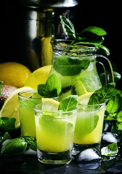 Lemoniady z kiwi, zielonej bazylii, grejpfrutowego syropu i lodu — Zdjęcie stockowe