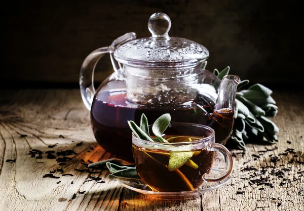 Černý čaj s čerstvým šalvěsem, skleněným hrnkem a čajovým hrnkem — Stock fotografie