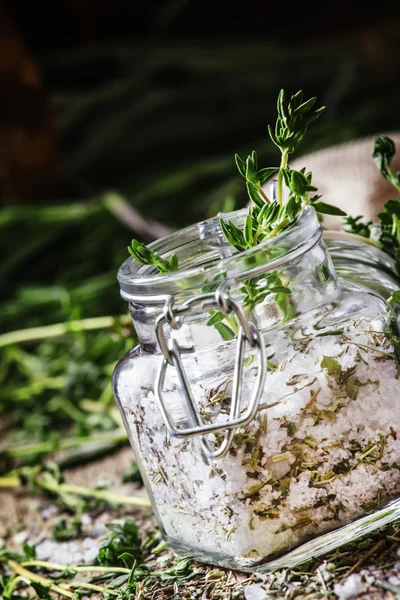 Traditional spicy salt with thyme in a glass jar — Stock Photo, Image