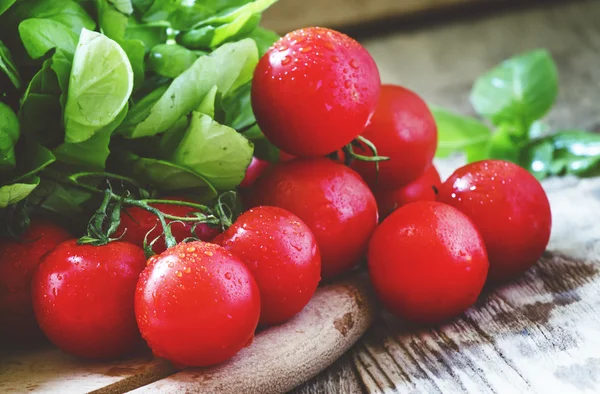 Pomodori ciliegia, basilico verde — Foto Stock