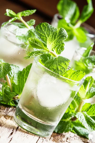 Зеленый мятный чай со льдом в стаканах — стоковое фото
