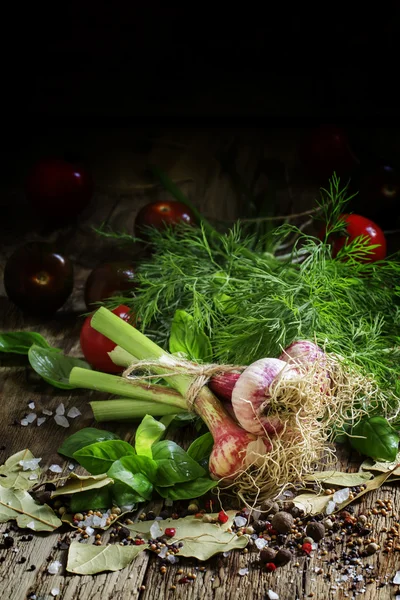 Aglio, sale marino, alloro, granelli di senape, basilico verde e altre spezie — Foto Stock