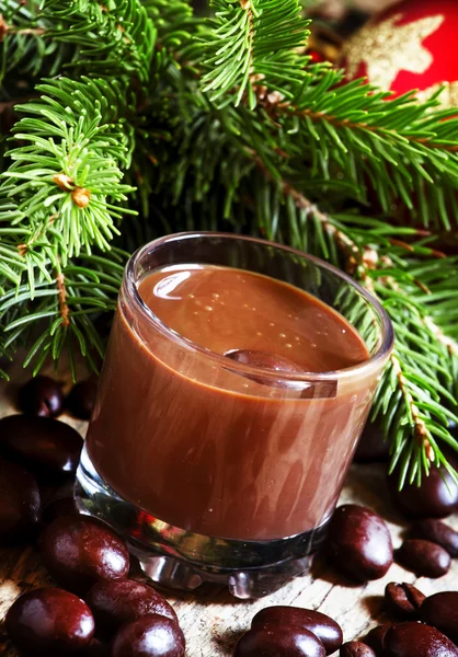 Mousse de chocolate, doces, grãos de café com ramos de abeto — Fotografia de Stock
