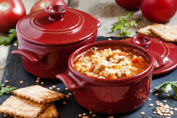 Pomidorowa zupa z czerwonej soczewicy i mięsa mielonego — Zdjęcie stockowe