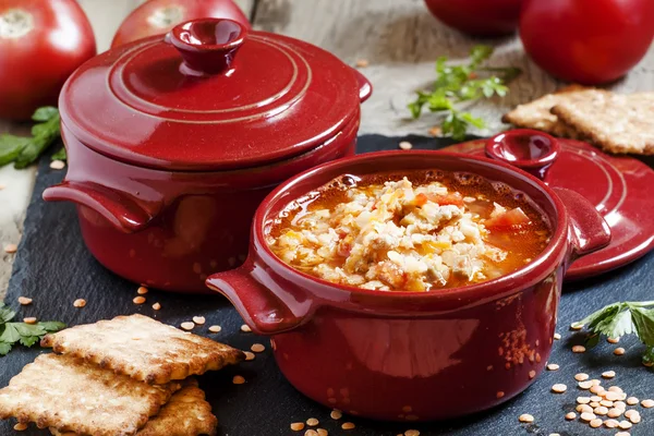 Tomatensuppe mit roten Linsen und Hackfleisch — Stockfoto