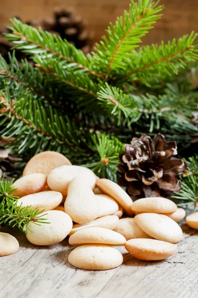 クリスマスラウンドジンジャーブレッドクッキー、コーンとスプルースの枝 — ストック写真