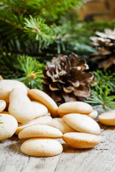 クリスマスラウンドジンジャーブレッドクッキー、コーンとスプルースの枝 — ストック写真
