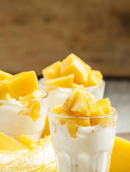Домашний йогурт со свежими ломтиками манго — стоковое фото