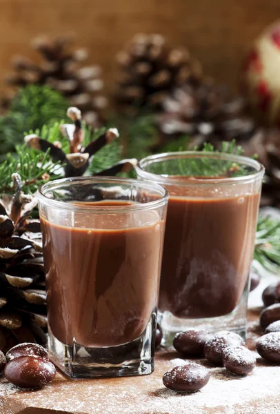 Шоколадный напиток, конфеты, сосновые иголки и шишки — стоковое фото