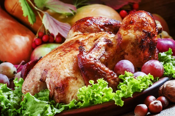 Festive baked chicken with autumn berries, fruits, nuts and vegetables — Stock Photo, Image
