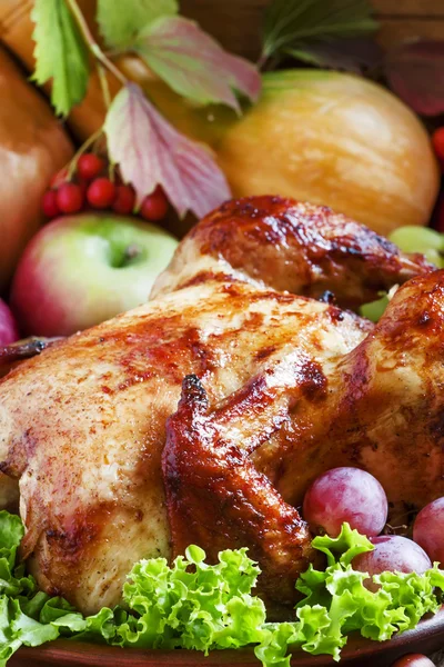 Pollo al forno festivo con bacche autunnali, frutta, noci e verdure — Foto Stock