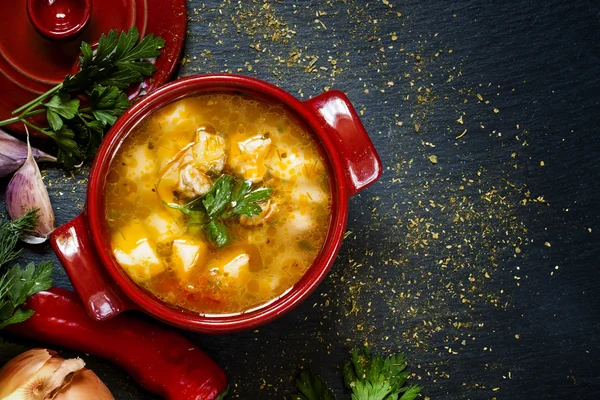 Soup with meat, potatoes and vegetables — Stock Image Soup with meat, potatoes and vegetables Royalty Free Stock Photos