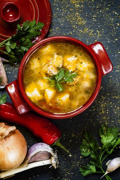 Soup with meat, potatoes and vegetables — Stock Image Soup with meat, potatoes and vegetables Stock Photo