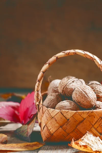 Cosecha otoñal de nueces en una canasta de mimbre —  Fotos de Stock