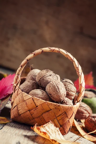 Colheita de outono de nozes em uma cesta de vime — Fotografia de Stock