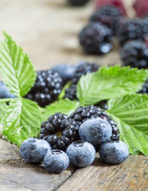 Yaprakları ile bir yaban mersini ve taze böğürtlen 