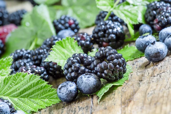 Fresh blackberries and blueberries with leaves — Stock Photo, Image