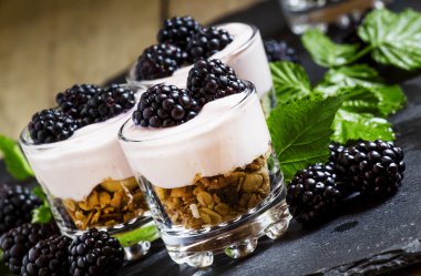 Yoğurt ve böğürtlen ile ev yapımı granola