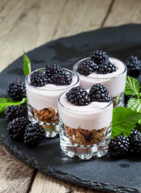 Yoğurt ve böğürtlen ile ev yapımı granola