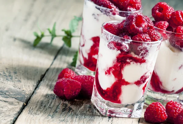 Raspberry ice cream with berries and mint — Stock Photo, Image