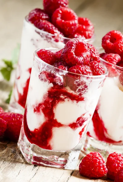 Малинове морозиво з ягодами та м'ятою — стокове фото