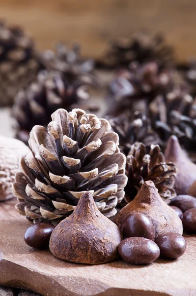 Coni di abete, noci, tartufi di cioccolato — Foto Stock