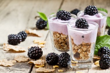 Yoğurt ve böğürtlen ile ev yapımı granola