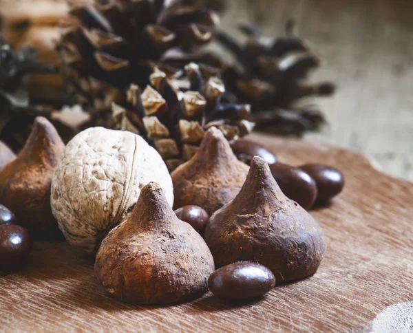 Coni di abete, noci, tartufi di cioccolato — Foto Stock