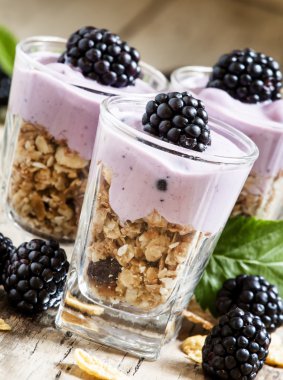 Yoğurt ve böğürtlen ile ev yapımı granola